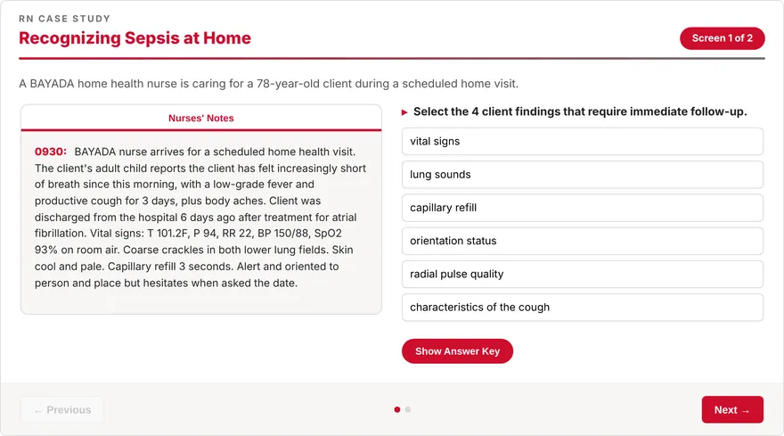 A case study screen with nurses&rsquo; notes on the left and a select-the-findings question on the right.