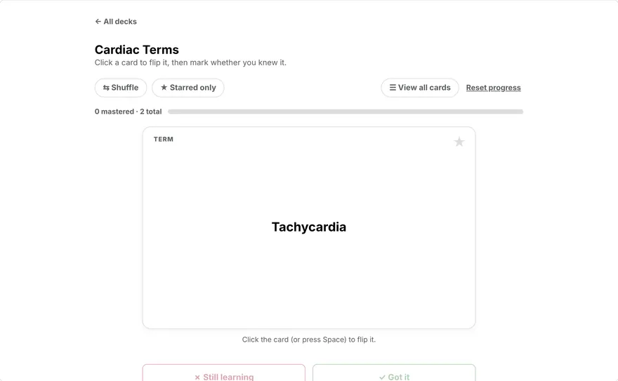 A flashcard deck titled Cardiac Terms showing the card Tachycardia, with shuffle and starred-only buttons.