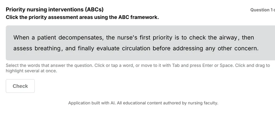 A passage about the ABCs where students click the words that answer the question.