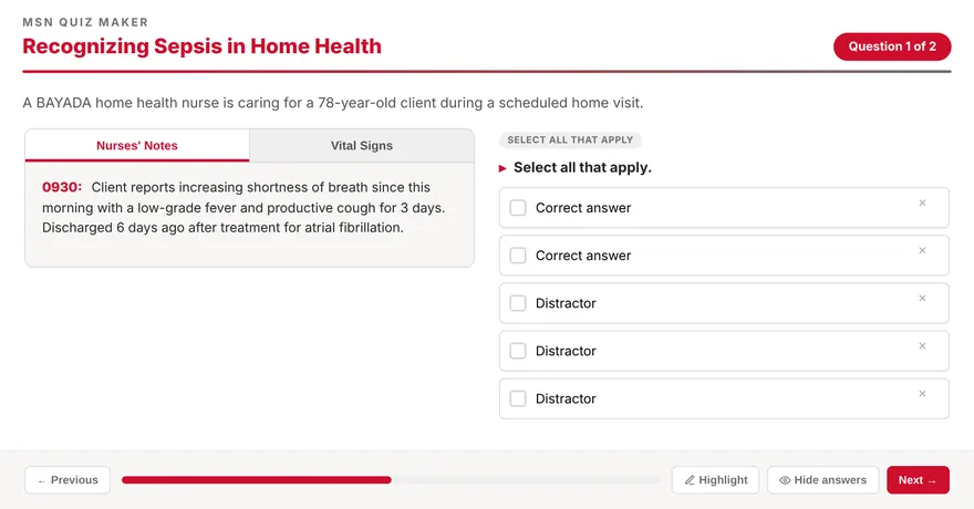 An assessment question with nurses&rsquo; notes and vital signs tabs beside a select-all-that-apply question.