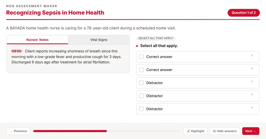 A Next-Gen NCLEX question with nurses&rsquo; notes and vital signs tabs beside a select-all-that-apply question.
