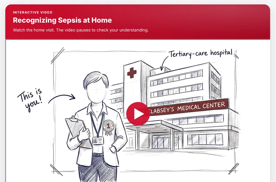 A video lesson titled Recognizing Sepsis at Home with a play button over the video.