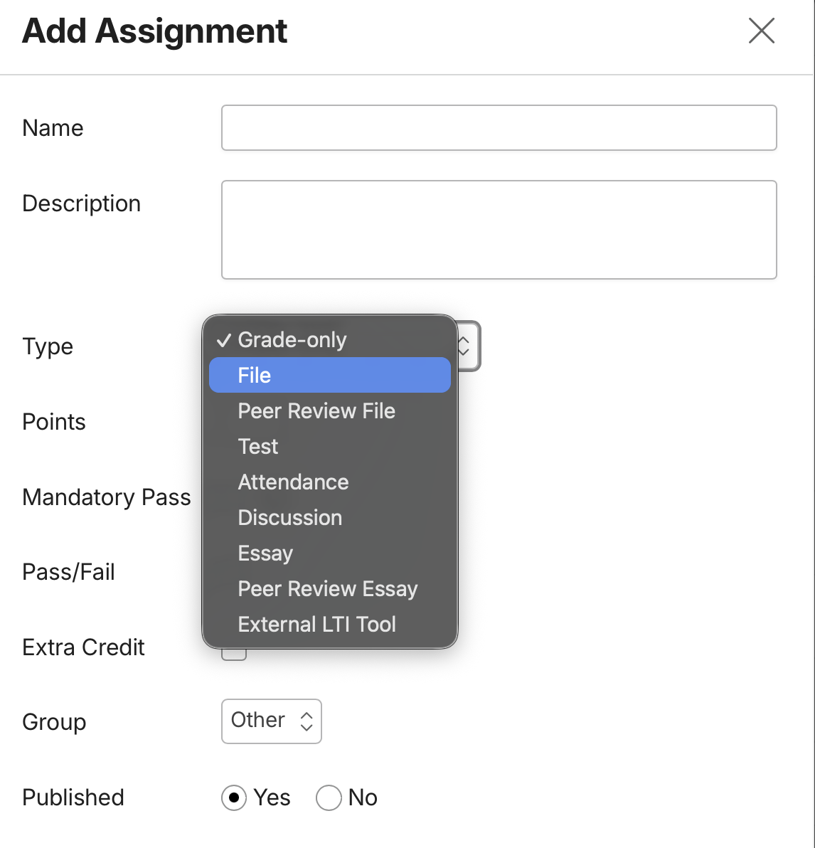 Populi Add Assignment panel with the Type dropdown open, showing File, Essay, and the other submission types